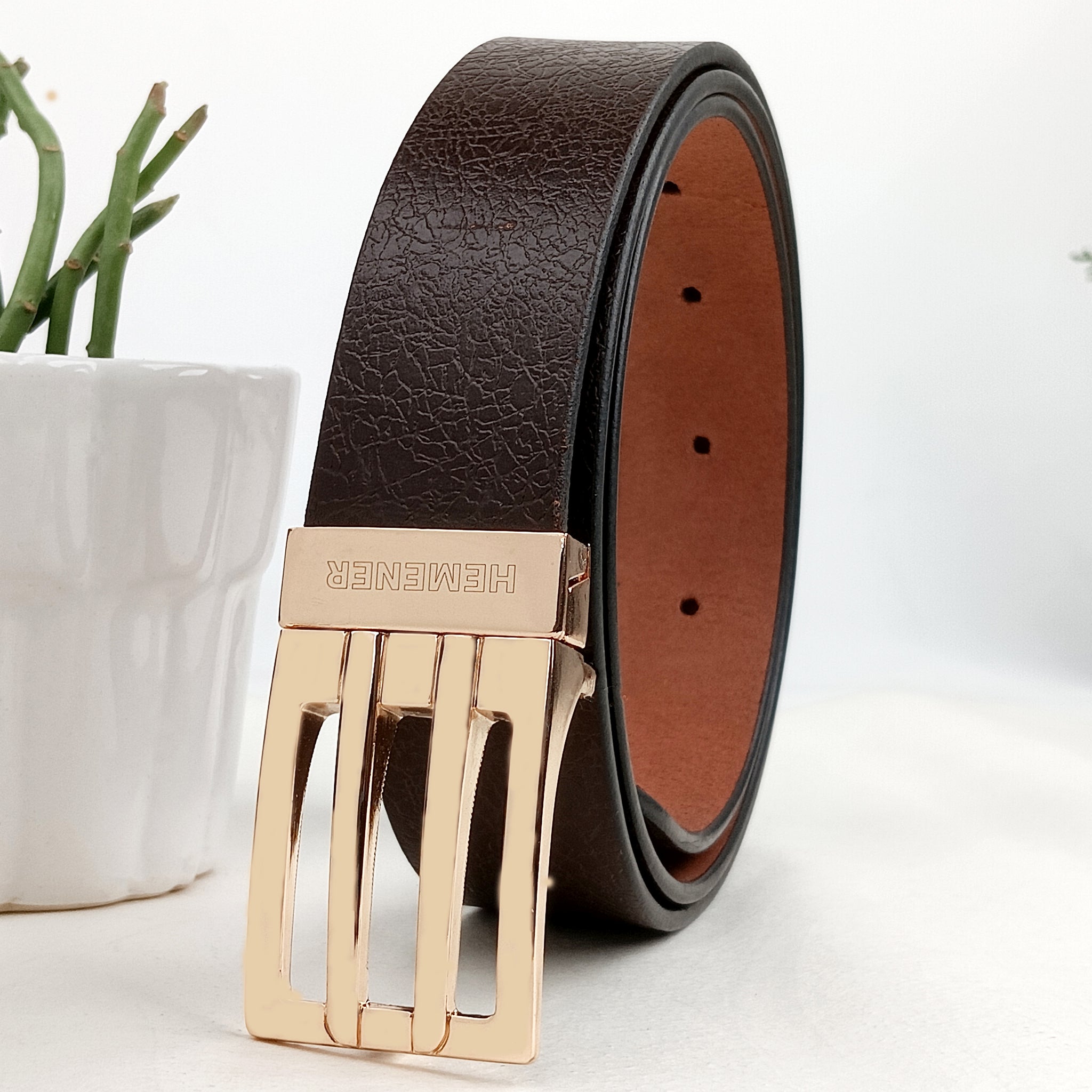 Hemener Men Metal Pin Hole Buckle Dark Brown Textured Pattern  Genuine Leather Belt