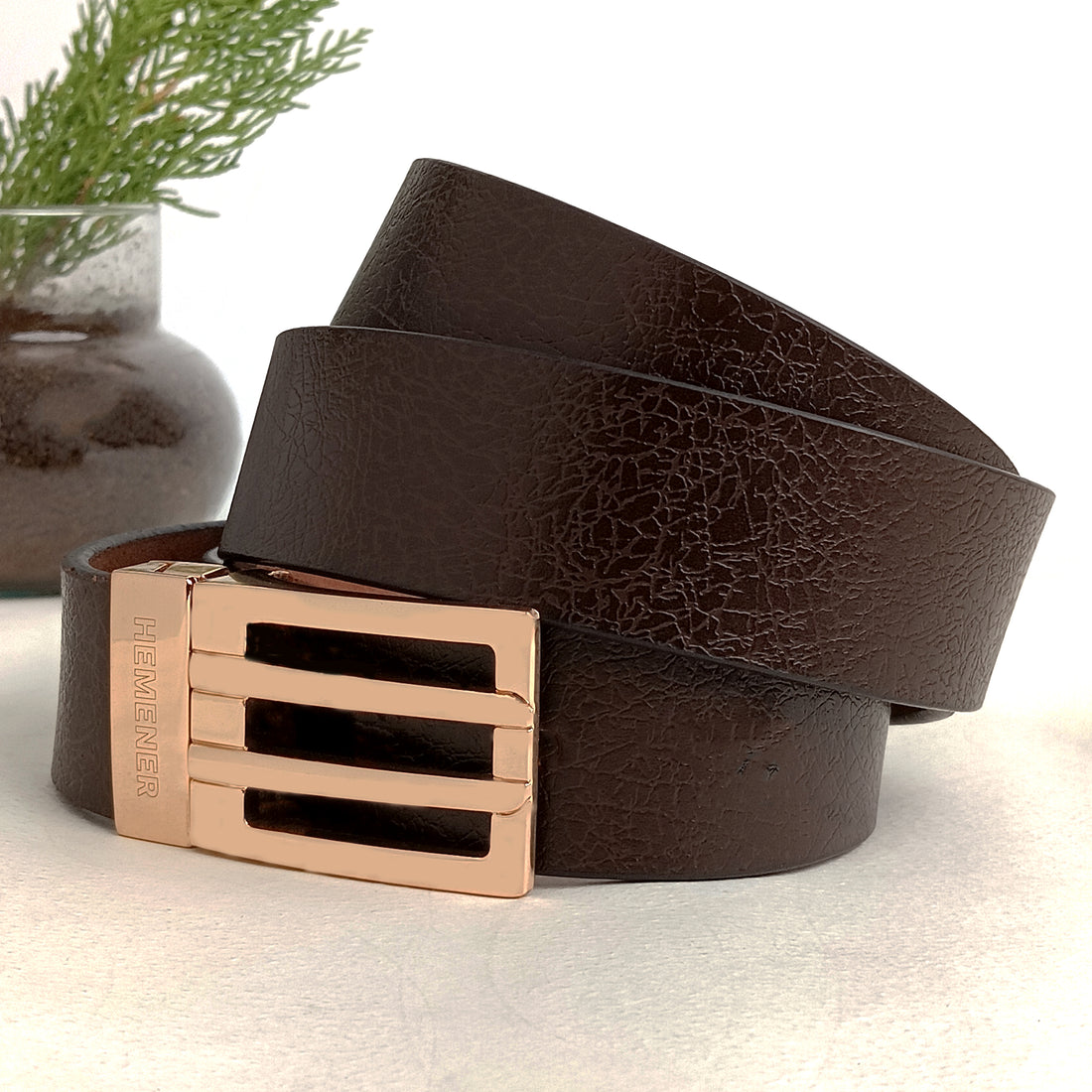 Hemener Men Metal Pin Hole Buckle Dark Brown Textured Pattern  Genuine Leather Belt