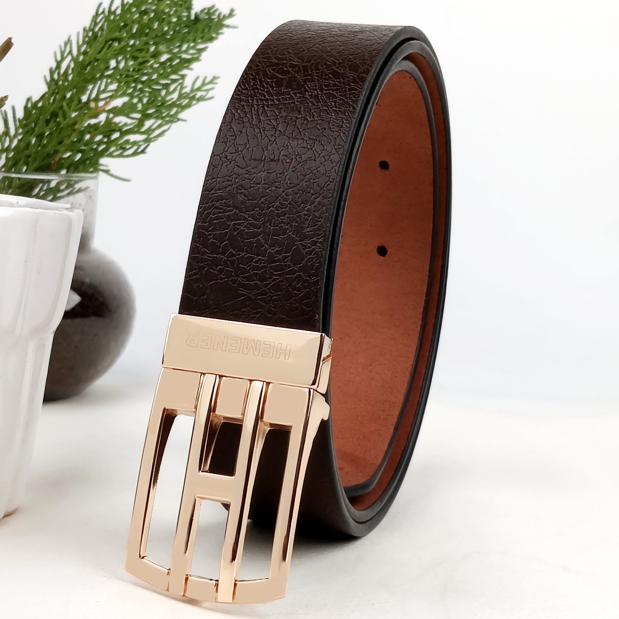 Hemener Men Metal Pin Hole Buckle Dark Brown Textured Pattern  Genuine Leather Belt