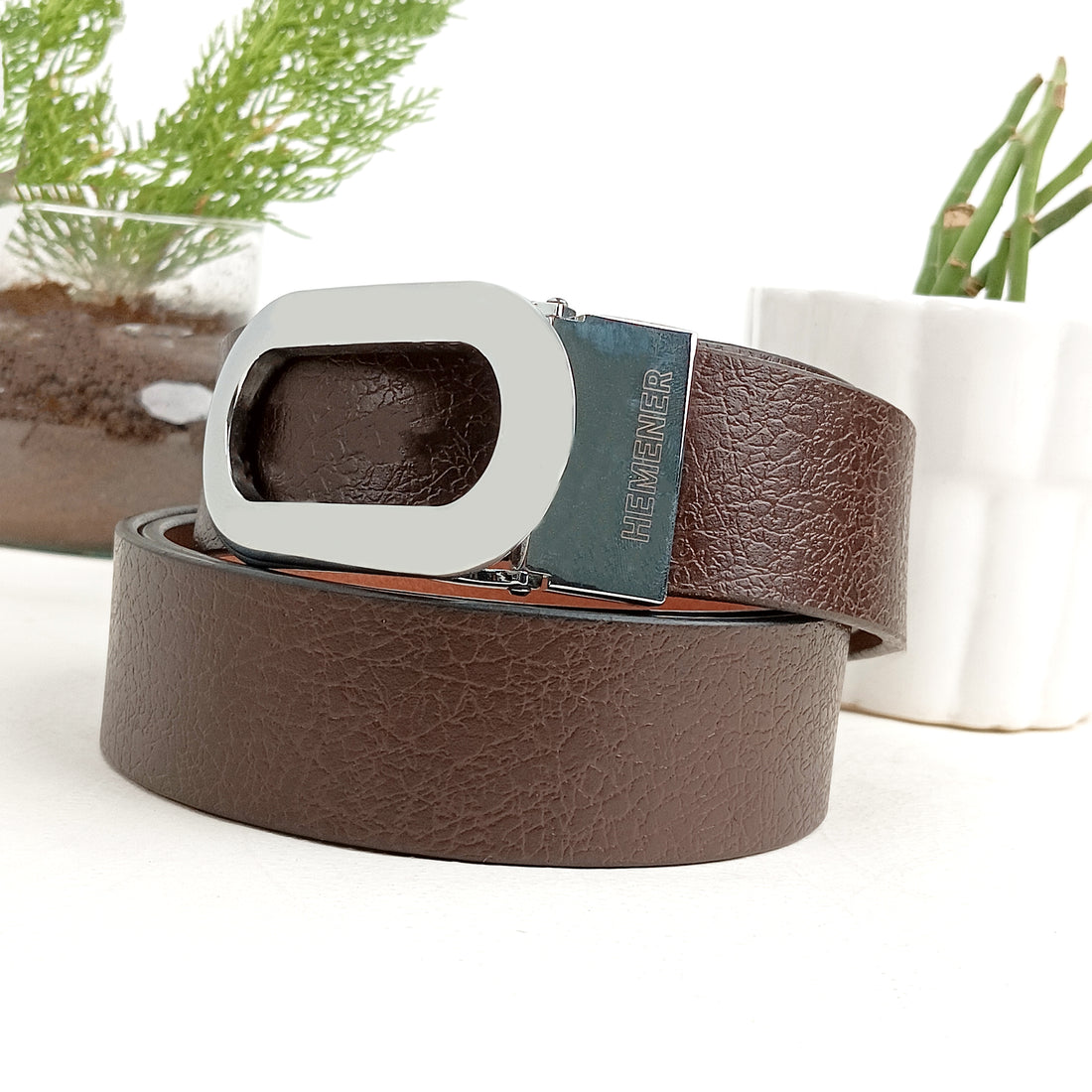 Hemener Men Metal Pin Hole Buckle Dark Brown Textured Pattern  Genuine Leather Belt