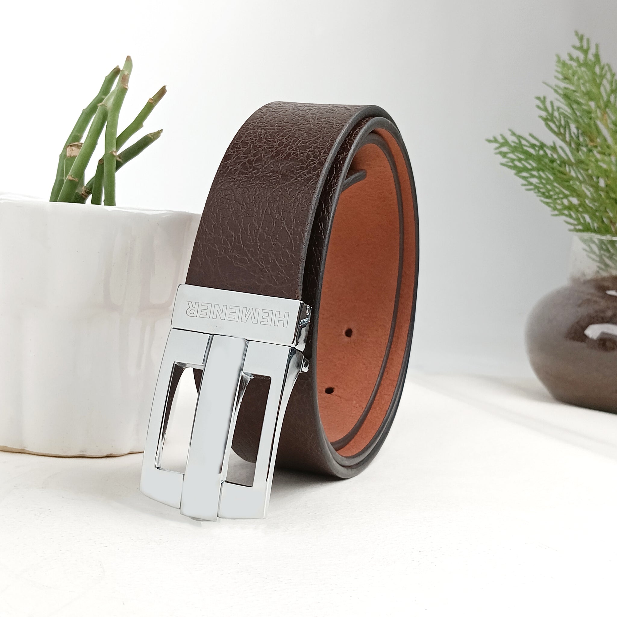 Hemener Men Metal Pin Hole Buckle Dark Brown Textured Pattern  Genuine Leather Belt