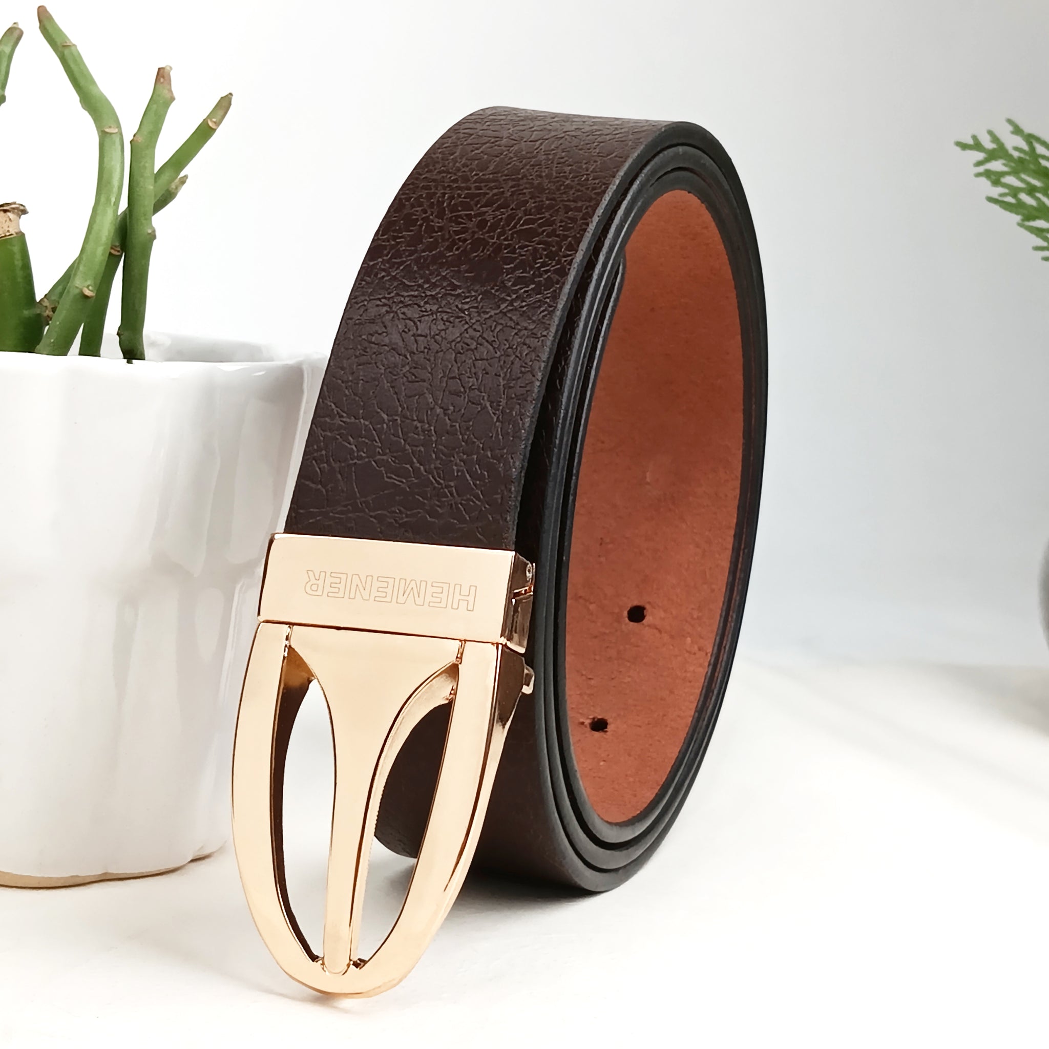 Hemener Men Metal Pin Hole Buckle Dark Brown Textured Pattern  Genuine Leather Belt