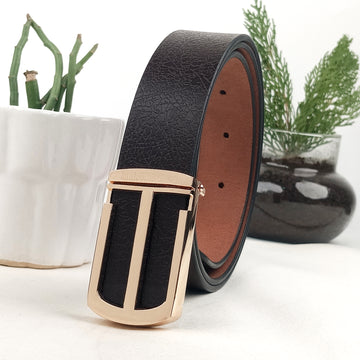 Hemener Men Metal Pin Hole Buckle Dark Brown Textured Pattern  Genuine Leather Belt