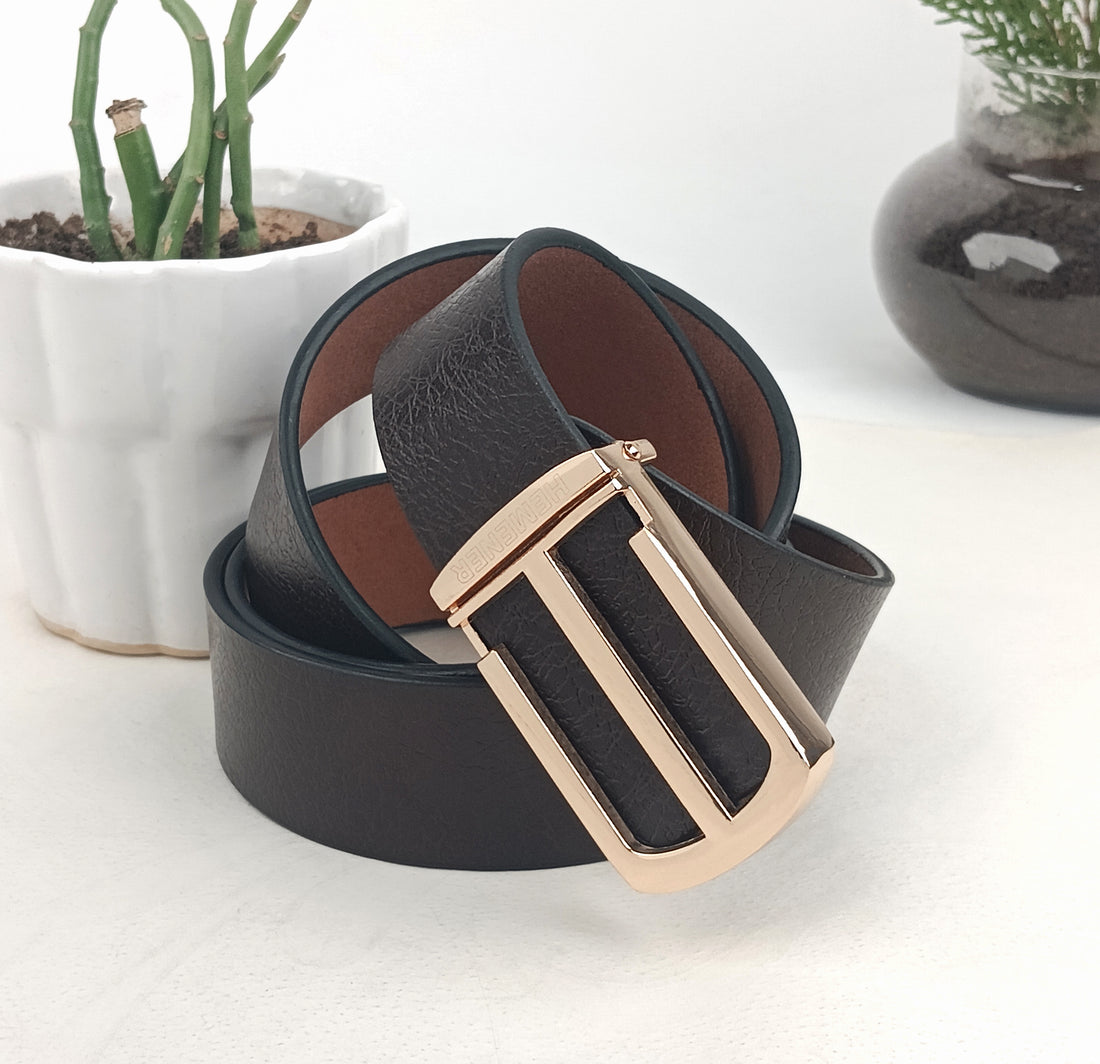 Hemener Men Metal Pin Hole Buckle Dark Brown Textured Pattern  Genuine Leather Belt