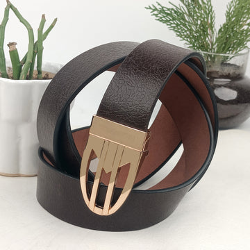 Hemener Men Metal Pin Hole Buckle Dark Brown Textured Pattern  Genuine Leather Belt