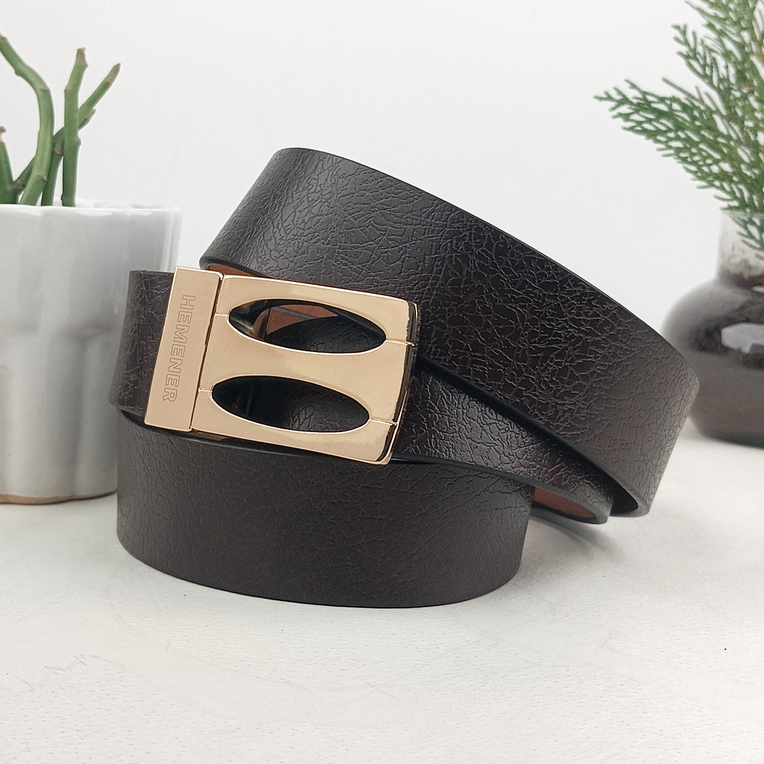 Hemener Men Metal Pin Hole Buckle Dark Brown Textured Pattern  Genuine Leather Belt