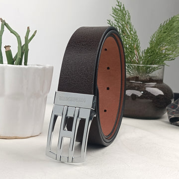 Hemener Men Metal Pin Hole Buckle Dark Brown Textured Pattern  Genuine Leather Belt