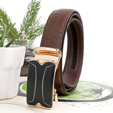 Hemener Men Metal Auto Grip Buckle Brown Croc Pattern Genuine Leather Belt