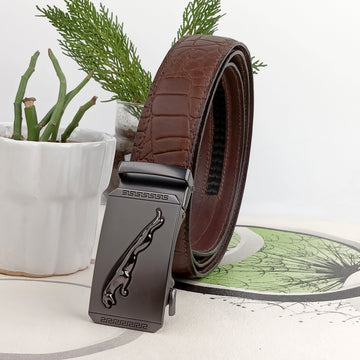 Hemener Men Metal Auto Grip Buckle Brown Croc Pattern Genuine Leather Belt