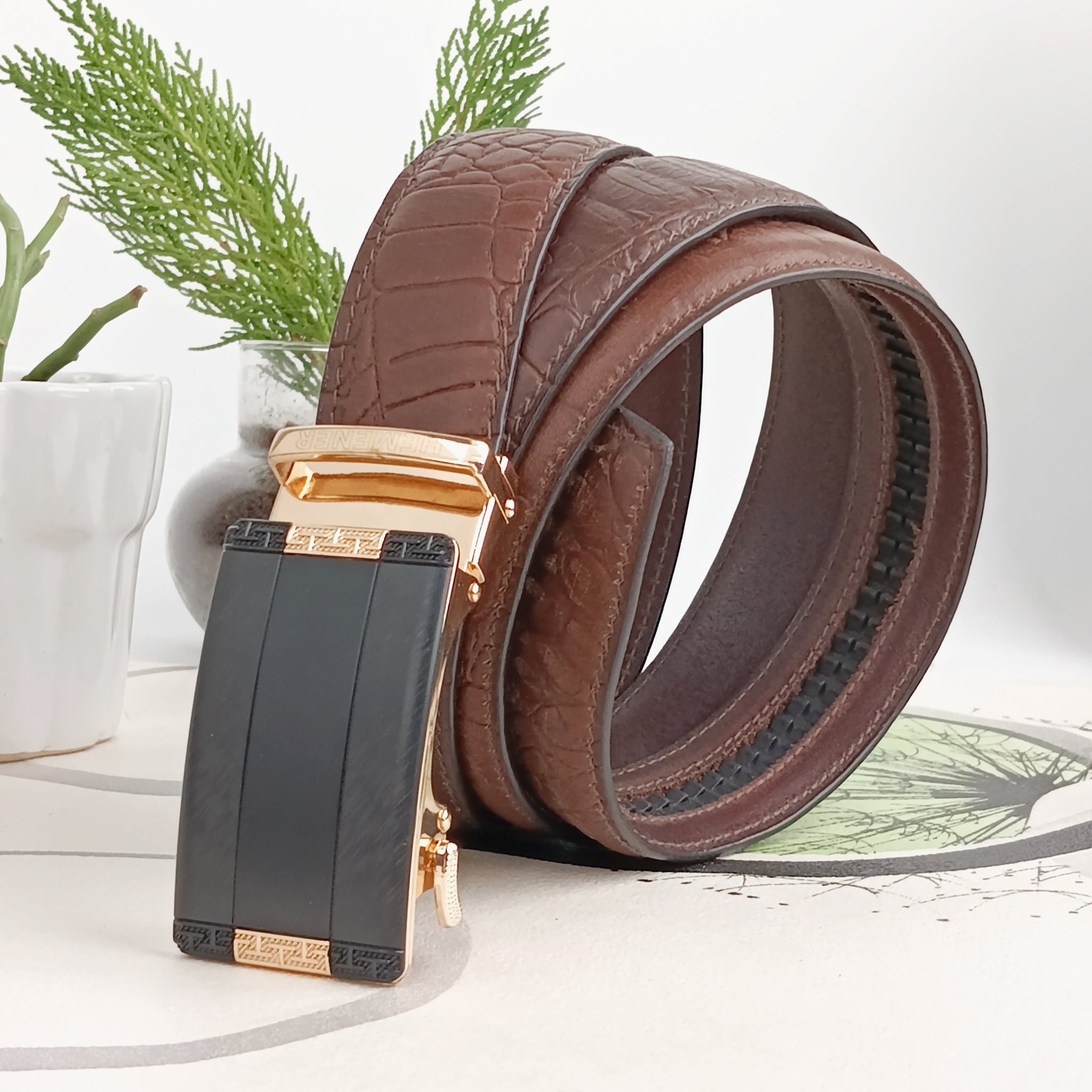 Hemener Men Metal Auto Grip Buckle Brown Croc Pattern Genuine Leather Belt