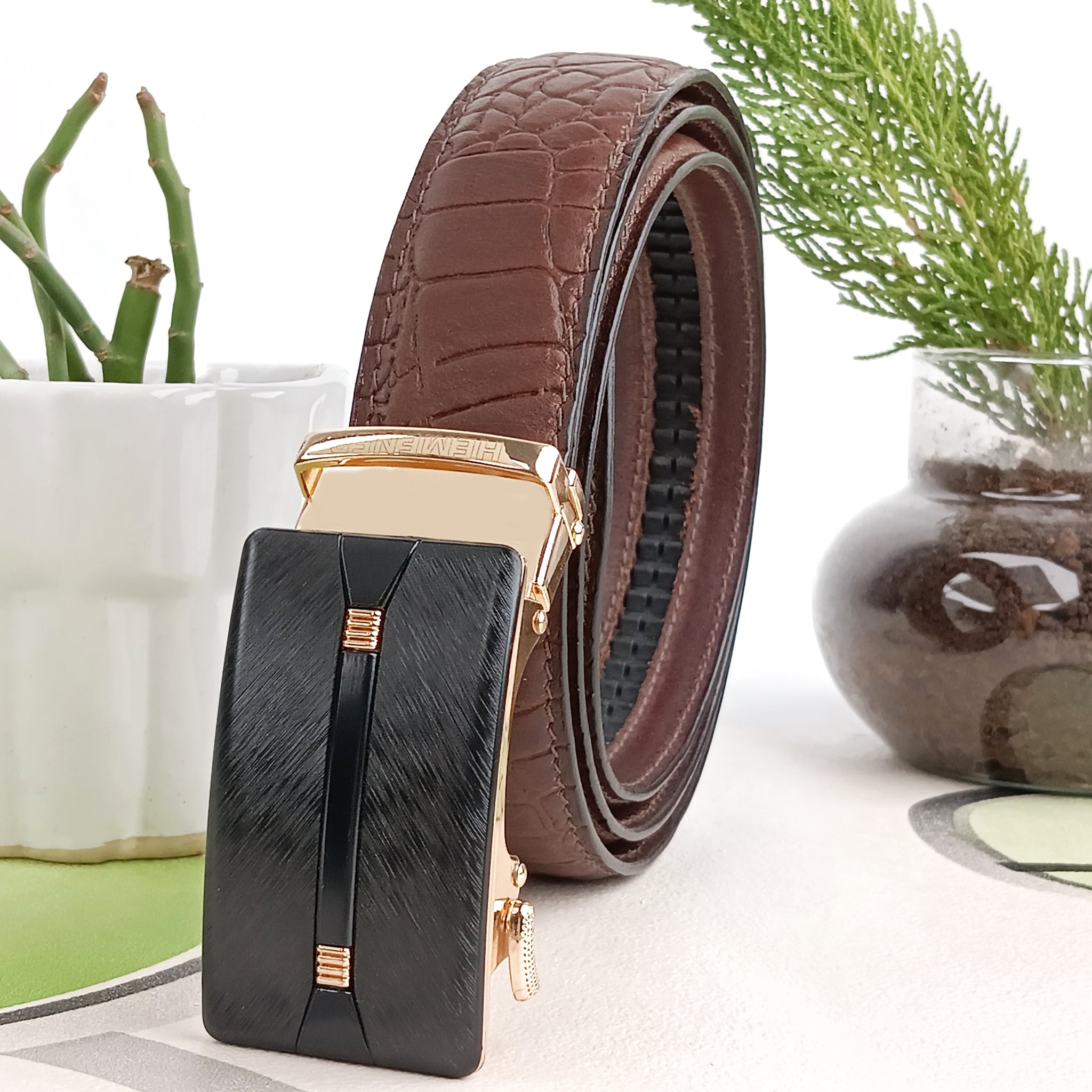 Hemener Men Metal Auto Grip Buckle Brown Croc Pattern Genuine Leather Belt