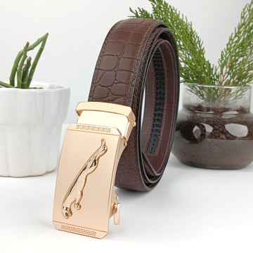 Hemener Men Metal Auto Grip Buckle Brown Croc Pattern Genuine Leather Belt