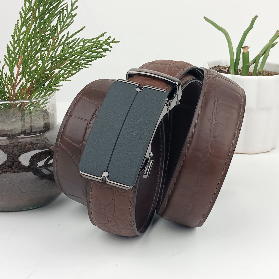 Hemener Men Metal Auto Grip Buckle Brown Croc Pattern Genuine Leather Belt