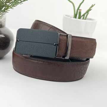 Hemener Men Metal Auto Grip Buckle Brown Croc Pattern Genuine Leather Belt