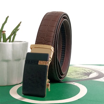 Hemener Men Metal Auto Grip Buckle Brown Croc Pattern Genuine Leather Belt