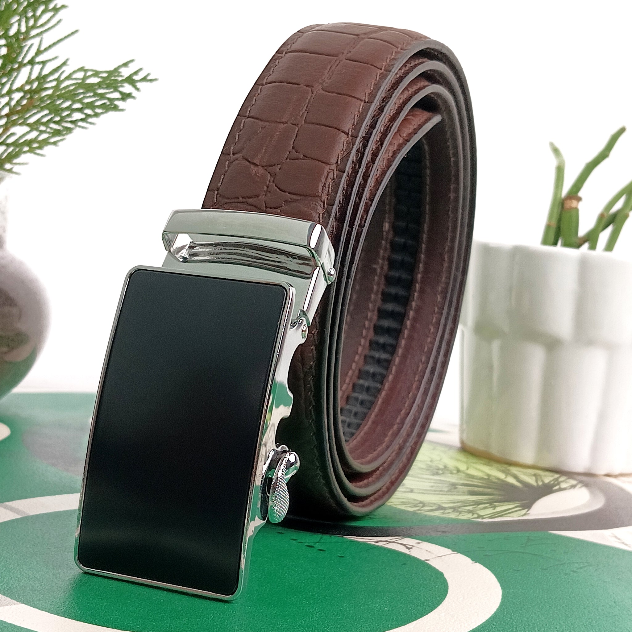 Hemener Men Metal Auto Grip Buckle Brown Croc Pattern Genuine Leather Belt