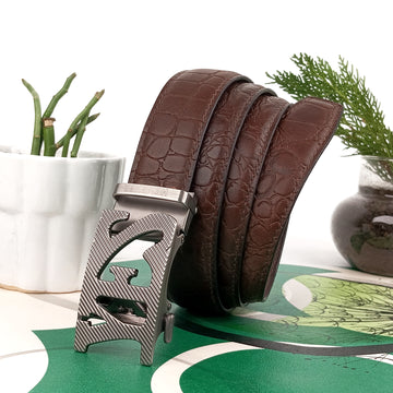 Hemener Men Metal Auto Grip Buckle Brown Croc Pattern Genuine Leather Belt