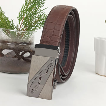 Hemener Men Metal Auto Grip Buckle Brown Croc Pattern Genuine Leather Belt