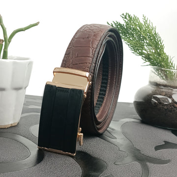 Hemener Men Metal Auto Grip Buckle Brown Croc Pattern Genuine Leather Belt