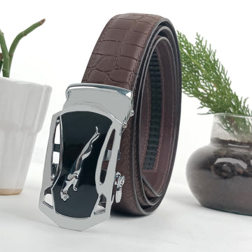 Hemener Men Metal Auto Grip Buckle Brown Croc Pattern Genuine Leather Belt