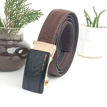 Hemener Men Metal Auto Grip Buckle Brown Croc Pattern Genuine Leather Belt