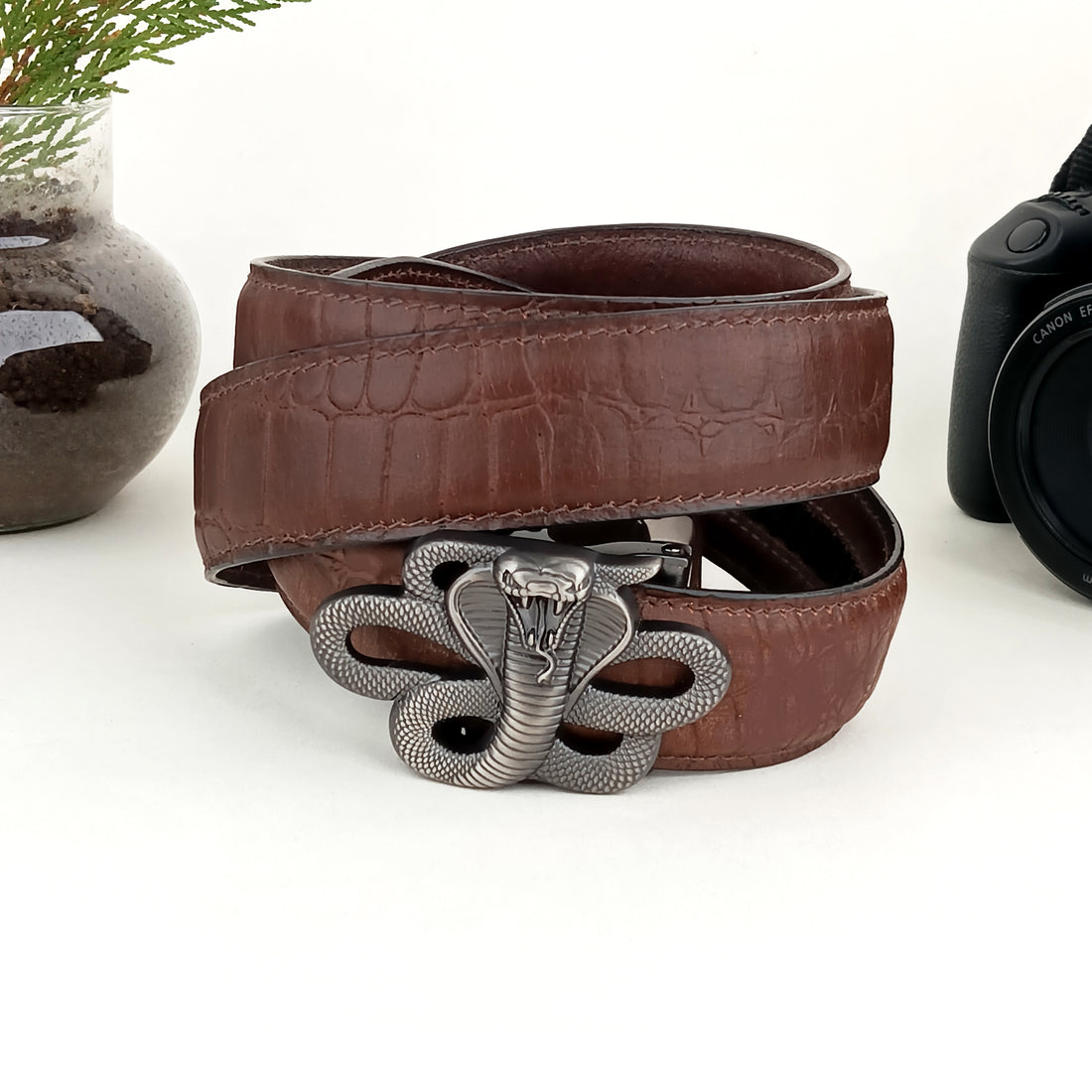 Hemener Men Matte Finish Metal Buckle Brown Genuine Leather Belt