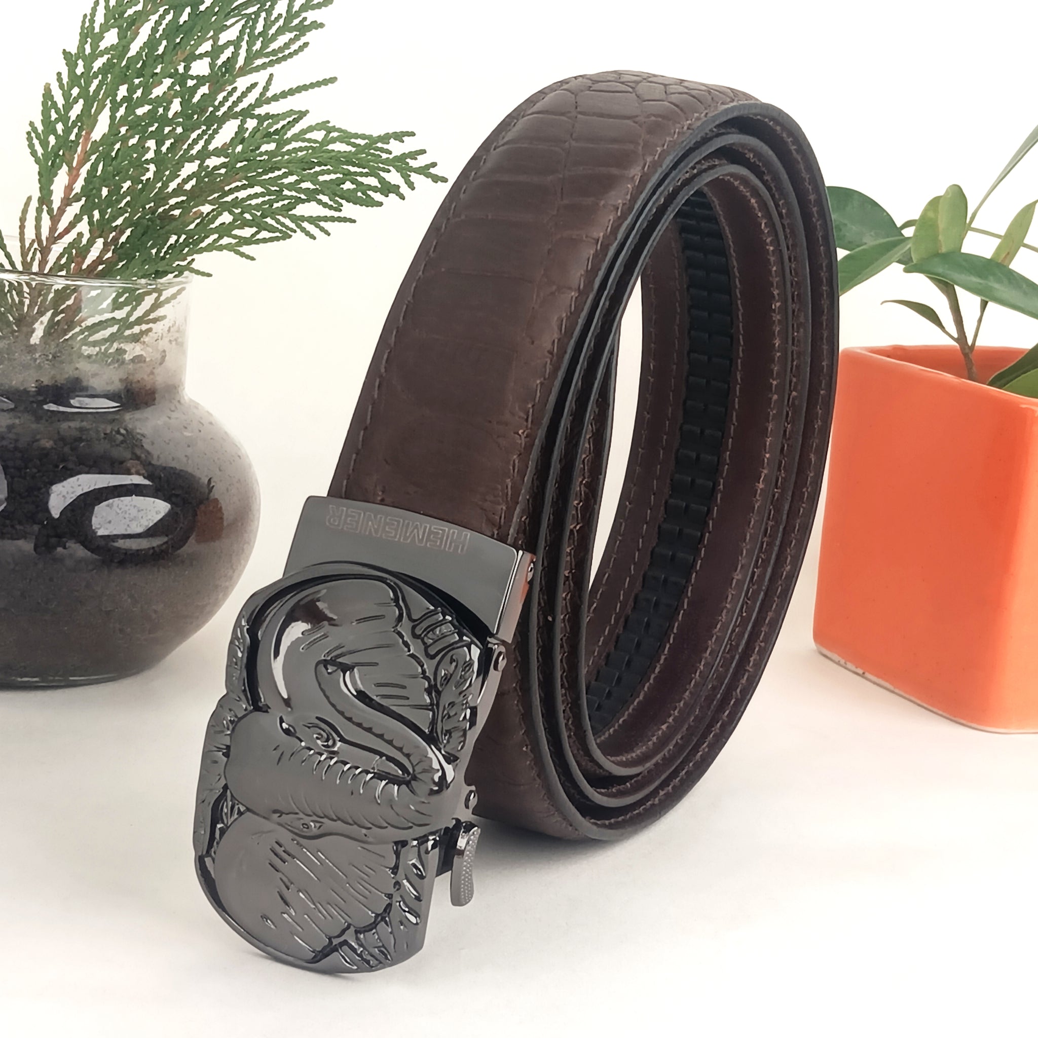 Hemener Men Stylish Metal Buckle Genuine  Leather Belt