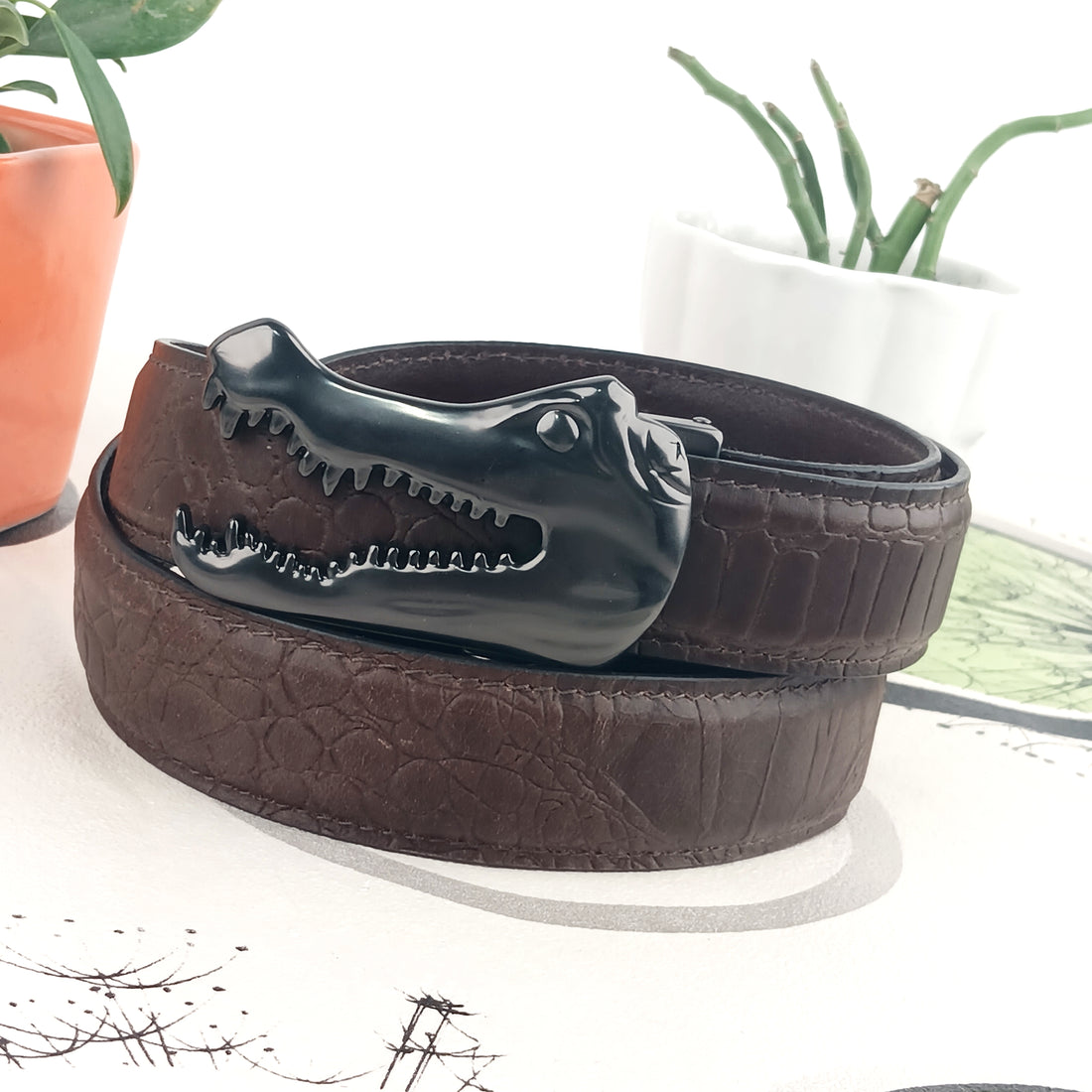 Hemener Men Stylish Croc Buckle Brown Genuine Leather Belt