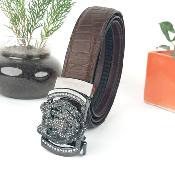 Hemener Men Studded Solid Metal Buckle Brown Genuine Leather Belt