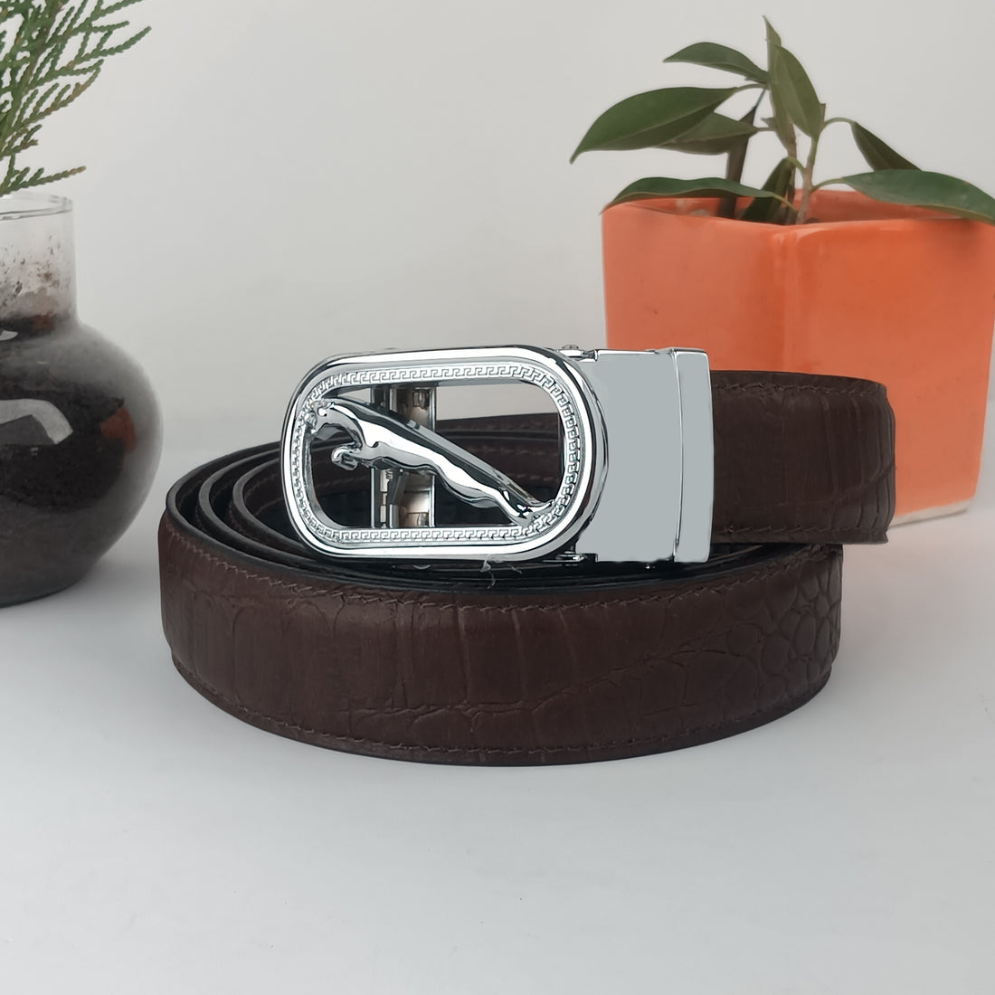 Hemener Men Metal Auto Grip Buckle Brown Croc Pattern Genuine Leather Belt