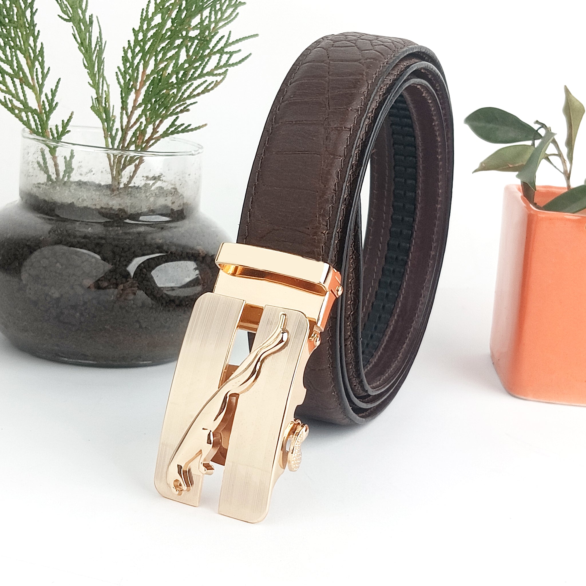 Hemener Men Metal Auto Grip Buckle Brown Croc Pattern Genuine Leather Belt