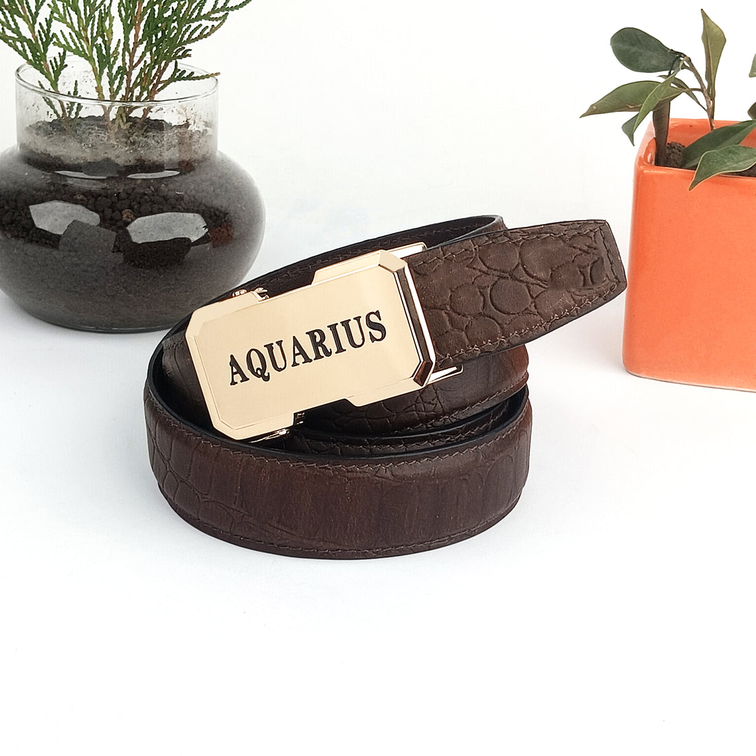 Hemener Men Aquarius Zodiac Buckle Genuine Leather Belt