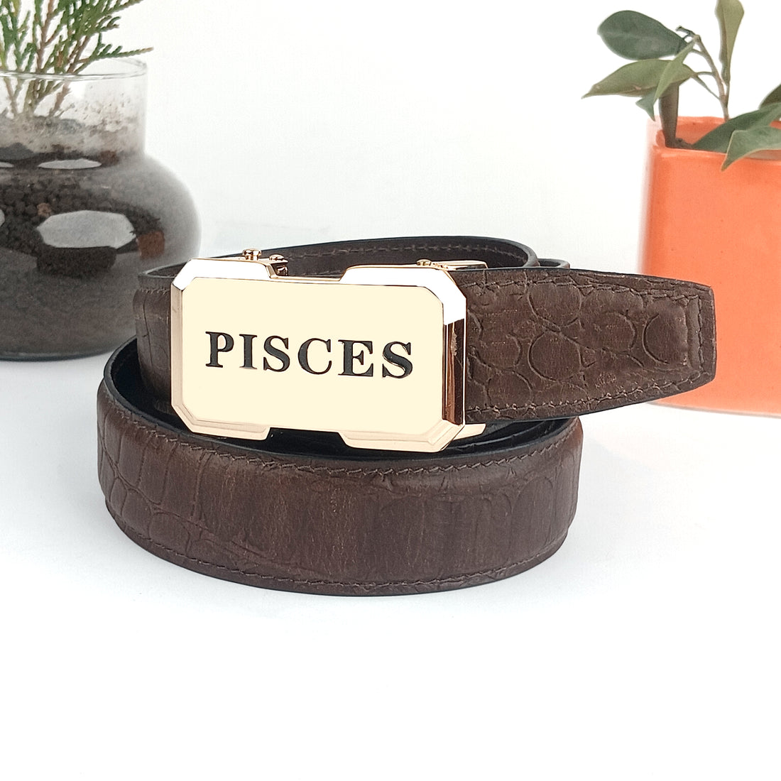 Hemener Men Pisces Zodiac Buckle Genuine  Leather Belt