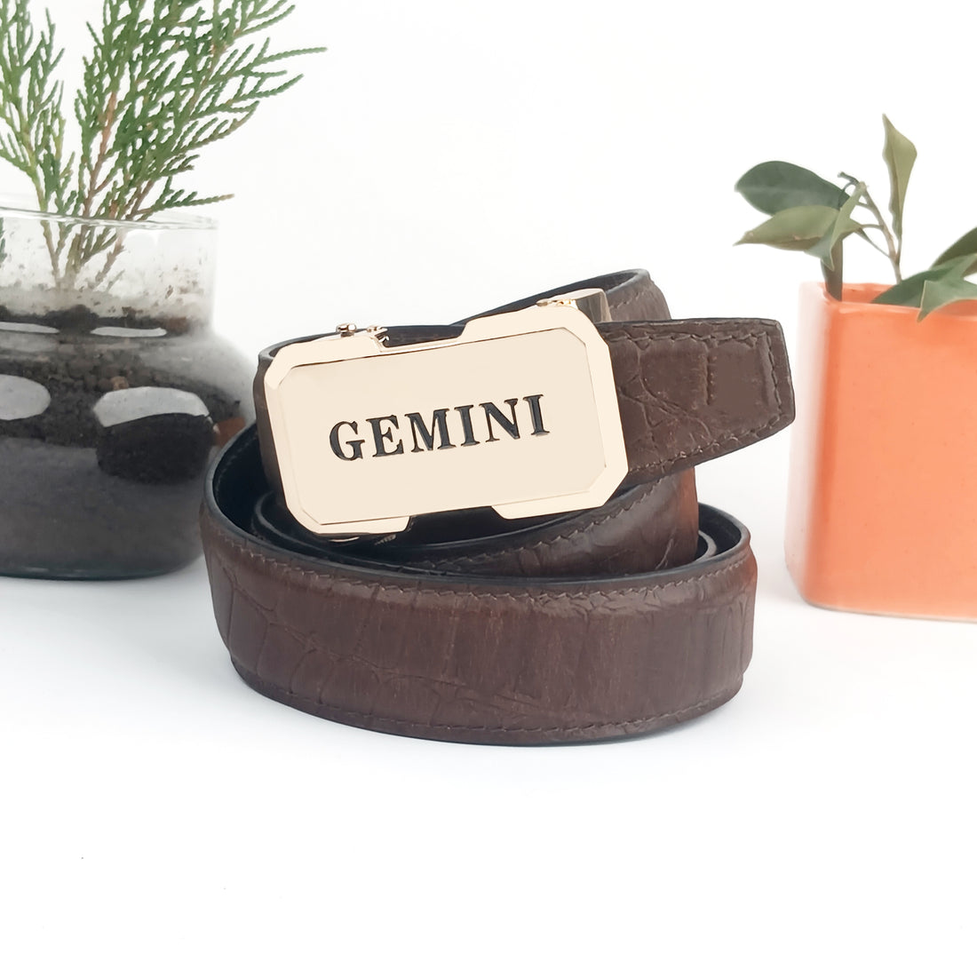 Hemener Men Gemini Zodiac Buckle Genuine  Leather Belt