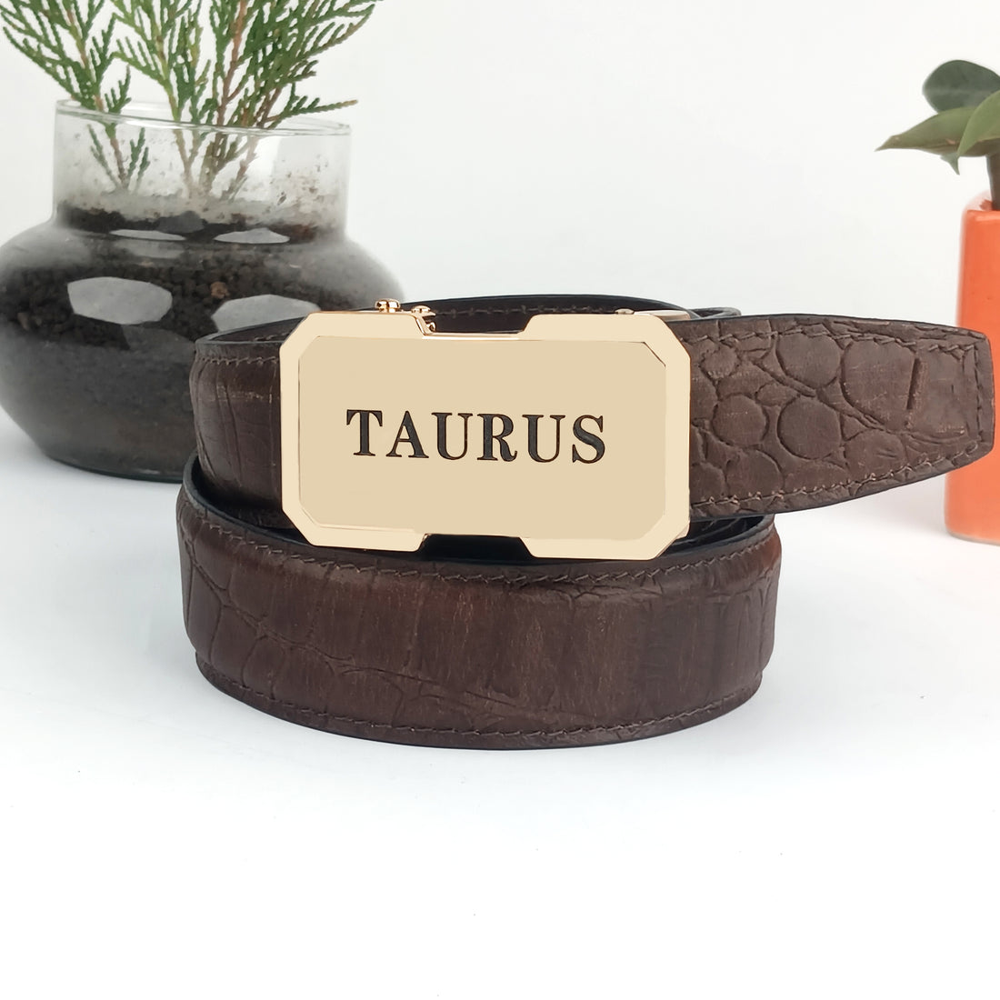 Hemener Men Taurus Zodiac Buckle Genuine  Leather Belt