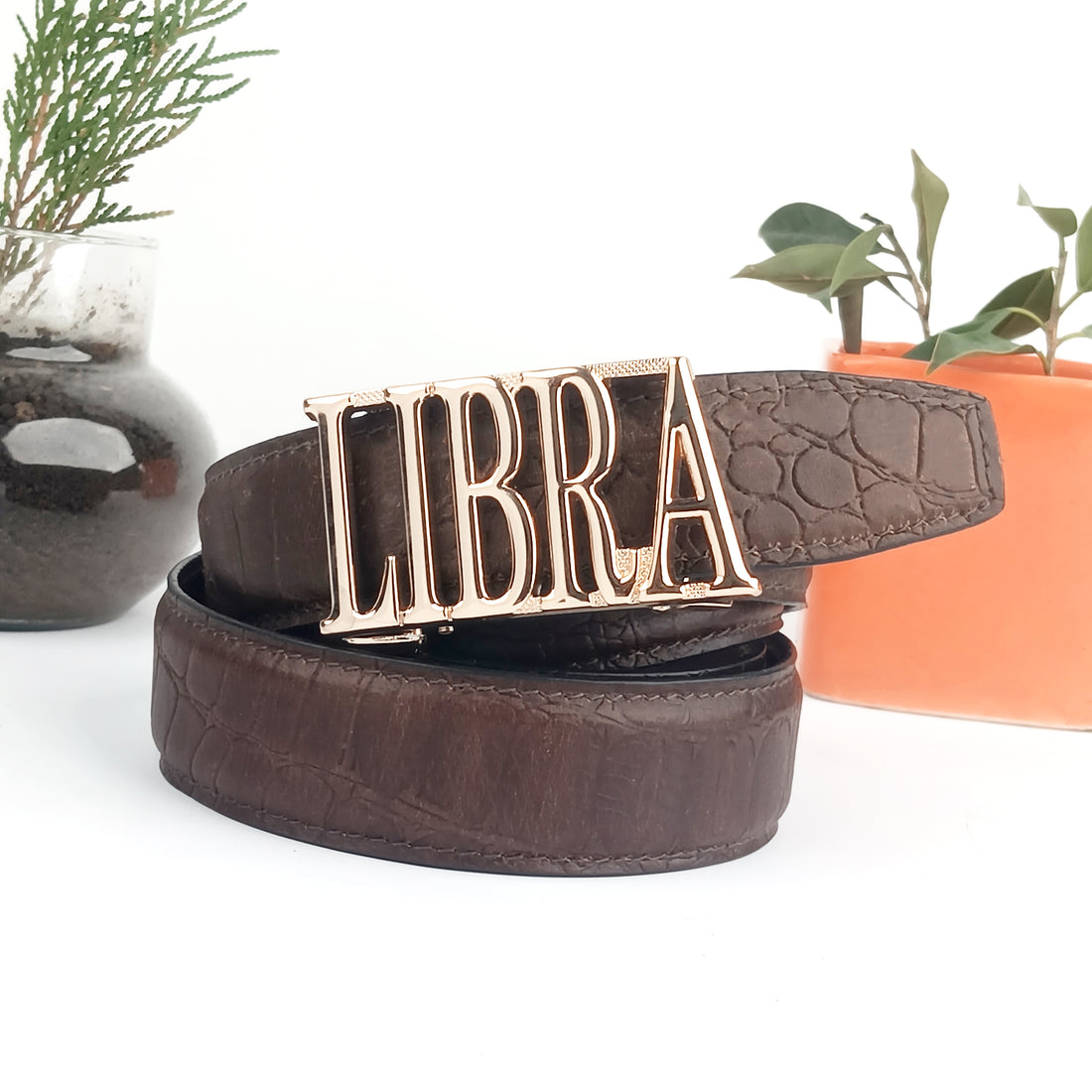 Hemener Men Libra Zodiac Buckle Genuine  Leather Belt