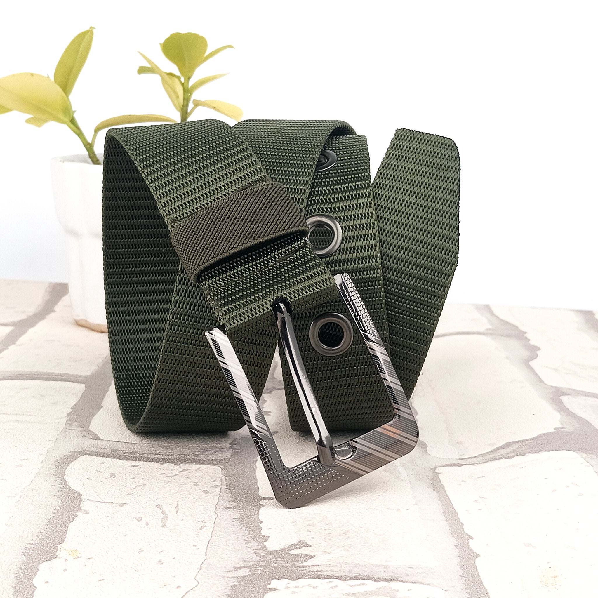 Hemener Unisex Metal Pin Hole Buckle Dark Green Nylon Canvas Belt