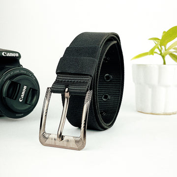 Hemener Unisex Metal Pin Hole Buckle Black Nylon Canvas Belt