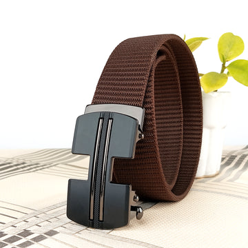 Hemener Unisex Metal Auto Grip Buckle Brown Nylon Canvas Belt