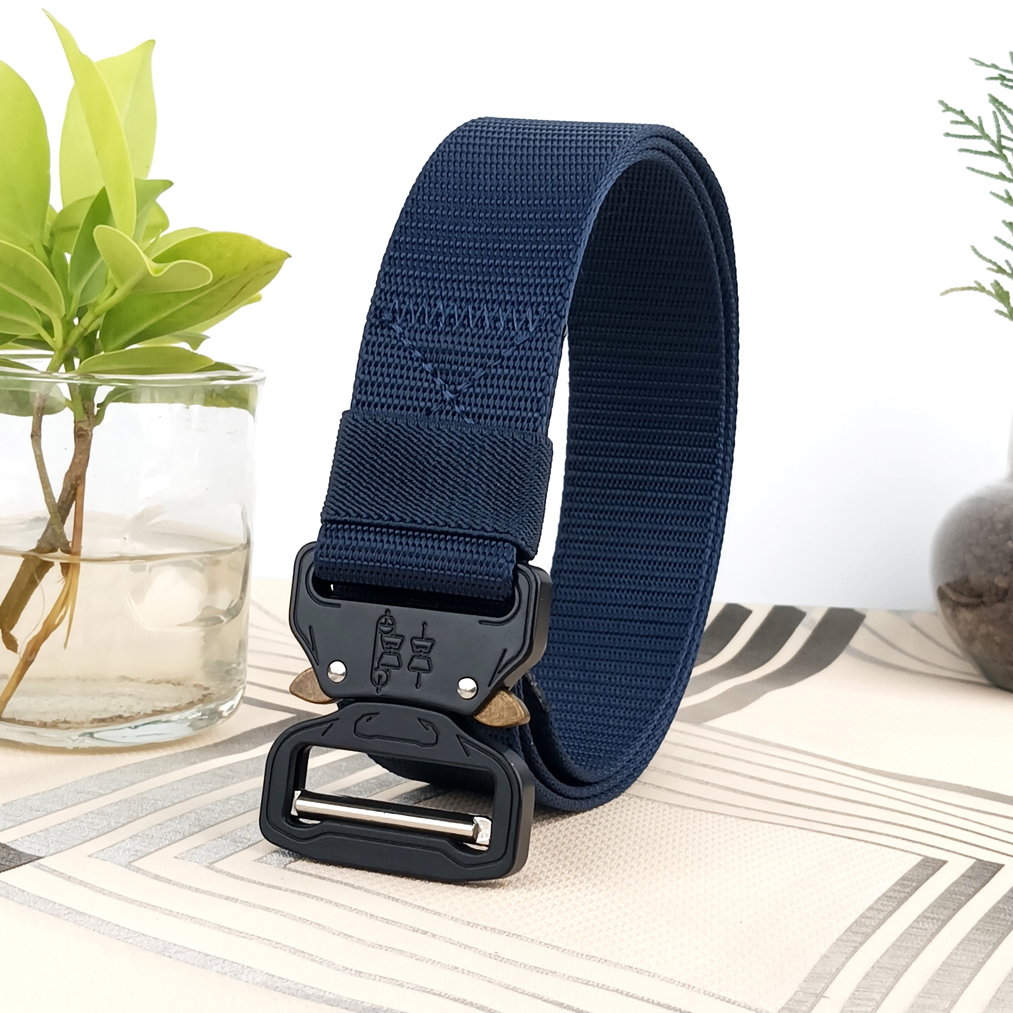 Hemener Unisex Blue Metal Push Lock Buckle Nylon Canvas Braided Belt