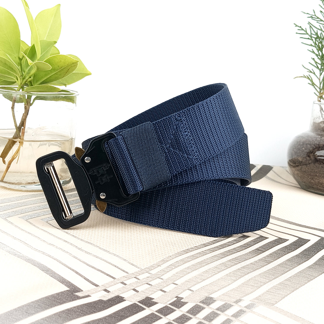 Hemener Unisex Blue Metal Push Lock Buckle Nylon Canvas Braided Belt