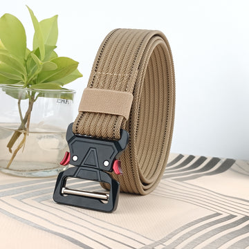 Hemener Unisex Beige Metal Push Lock Buckle Nylon Canvas Braided Belt