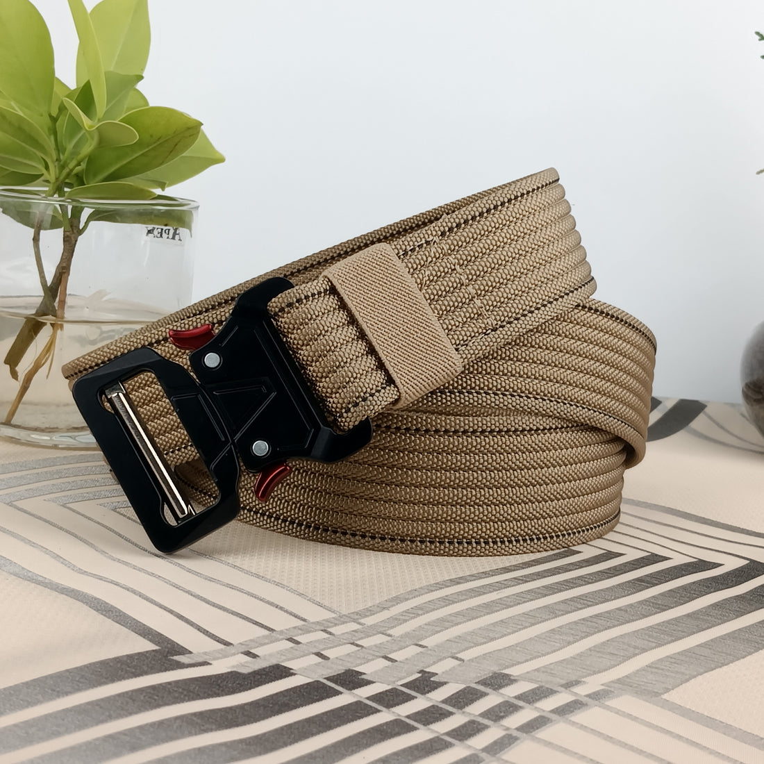 Hemener Unisex Beige Metal Push Lock Buckle Nylon Canvas Braided Belt