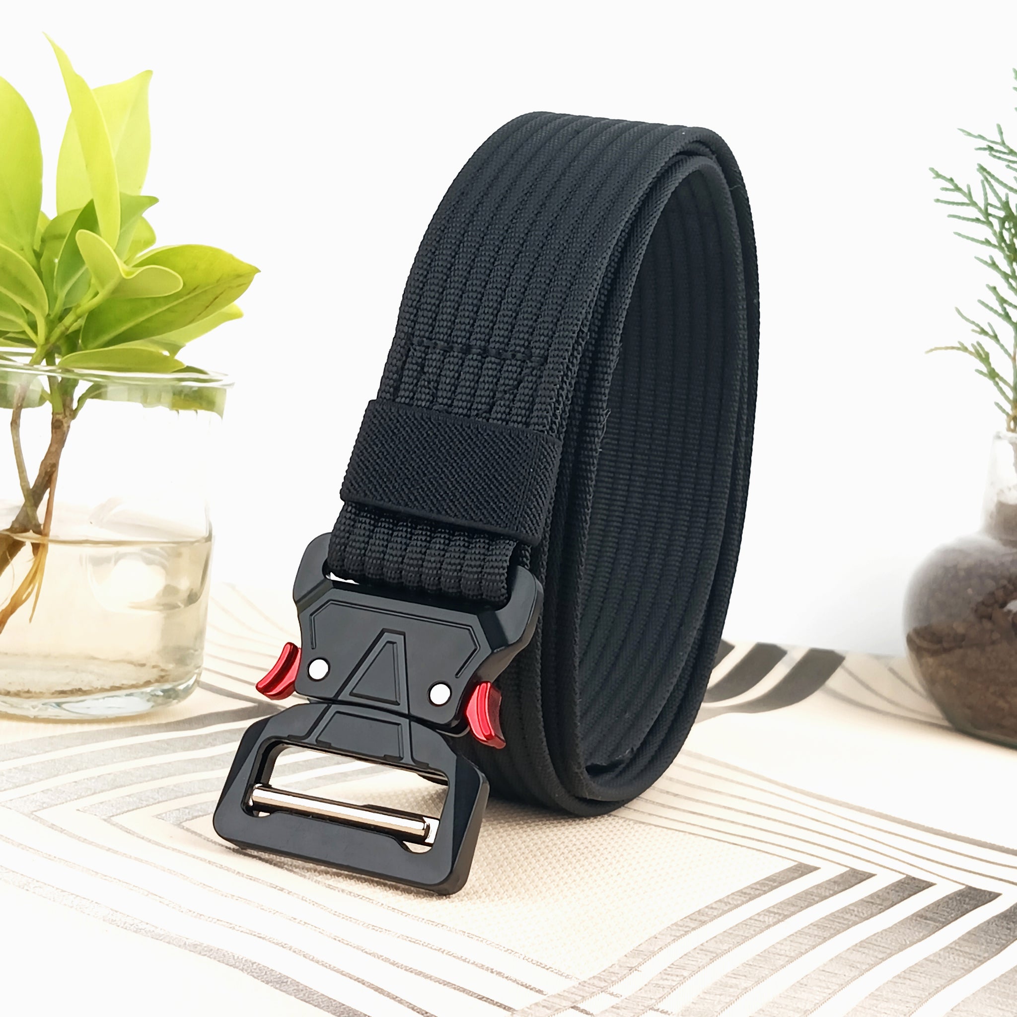 Hemener Unisex Black Metal Push Lock Buckle Nylon Canvas Braided Belt