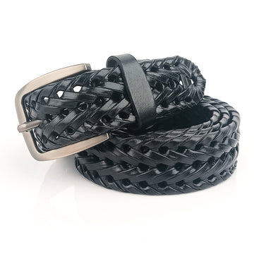 Hemener Men Black Braided Genuine Leather Belt