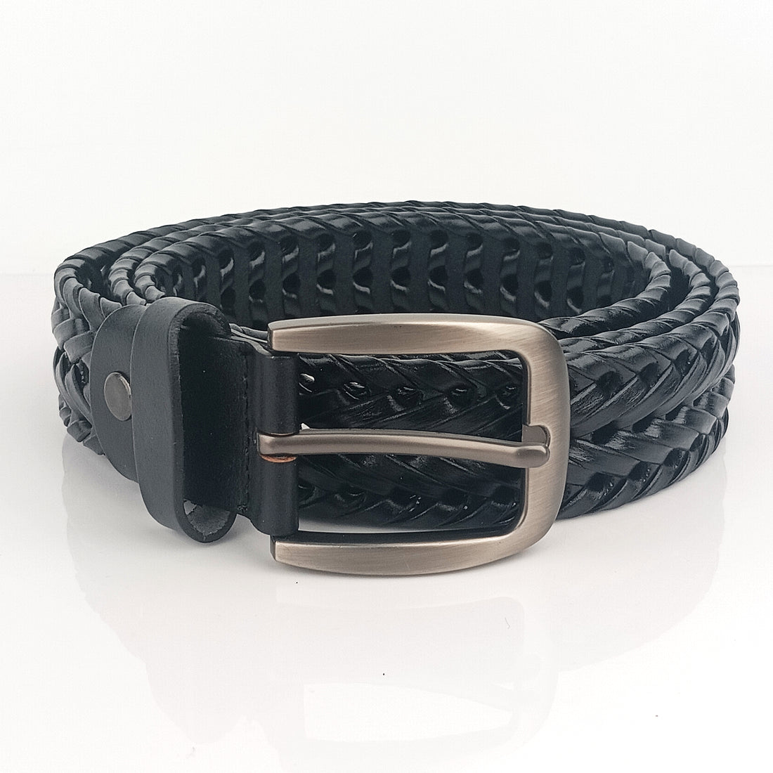 Hemener Men Black Braided Genuine Leather Belt