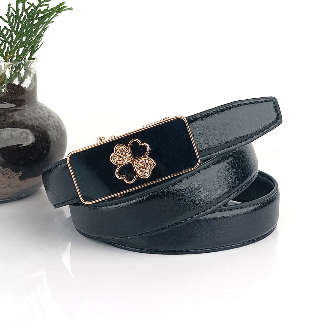 Hemener Girls Metal Auto Grip Buckle Black Vegan Leather Belt