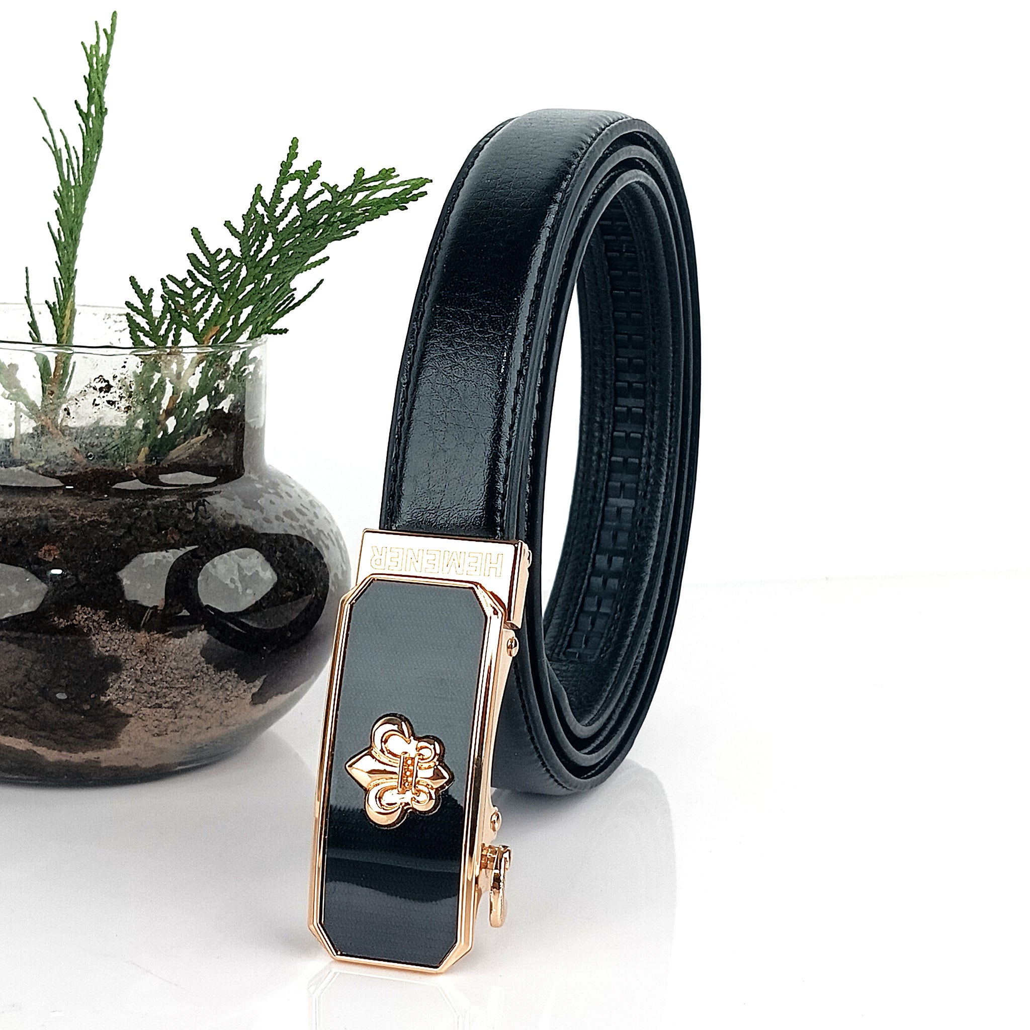 Hemener Girls Metal Auto Grip Buckle Black Vegan Leather Belt