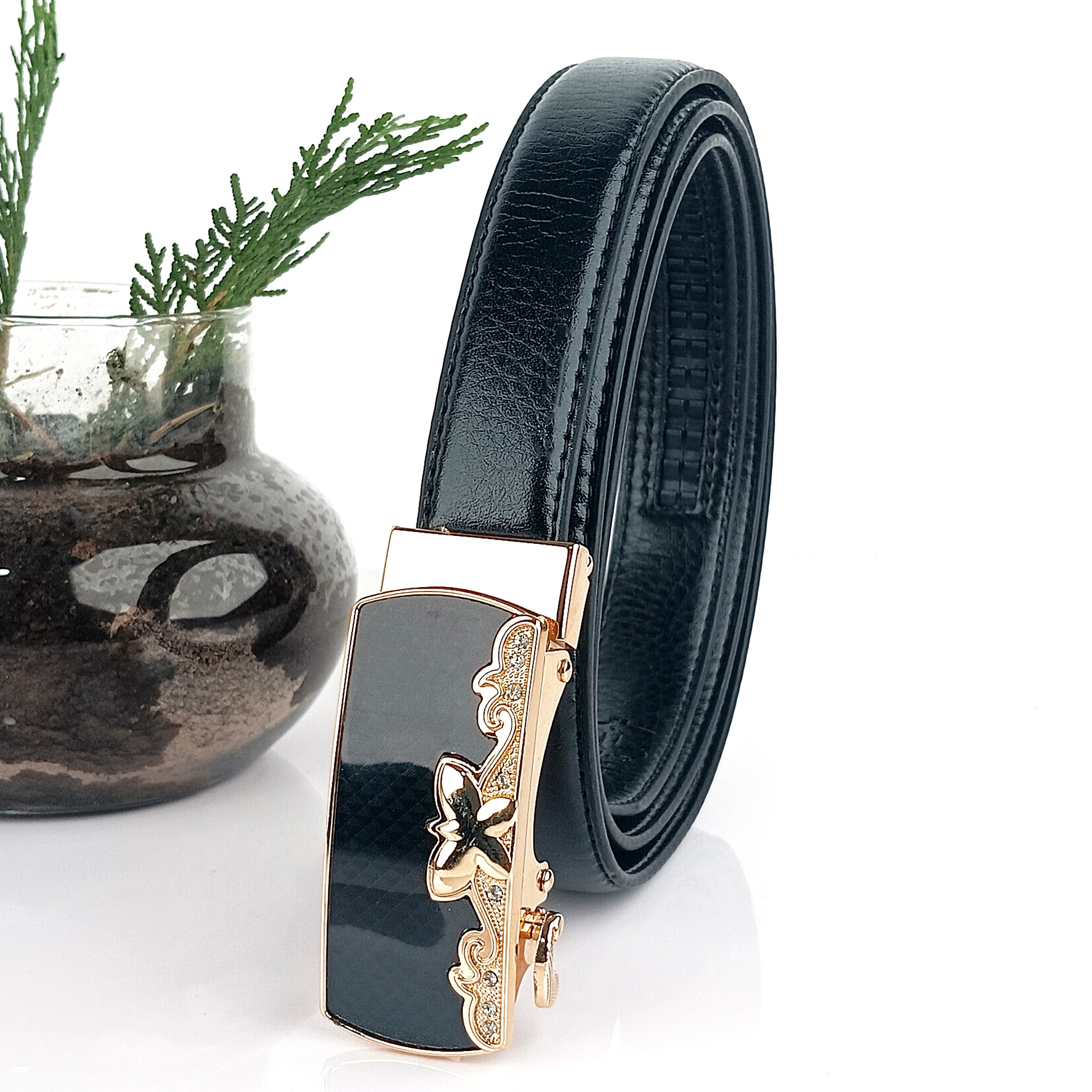 Hemener Girls Metal Auto Grip Buckle Black Vegan Leather Belt