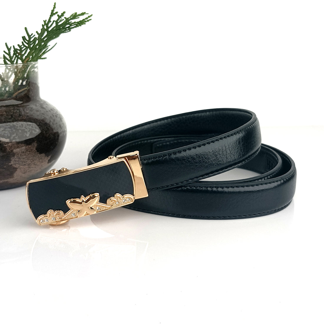 Hemener Girls Metal Auto Grip Buckle Black Vegan Leather Belt